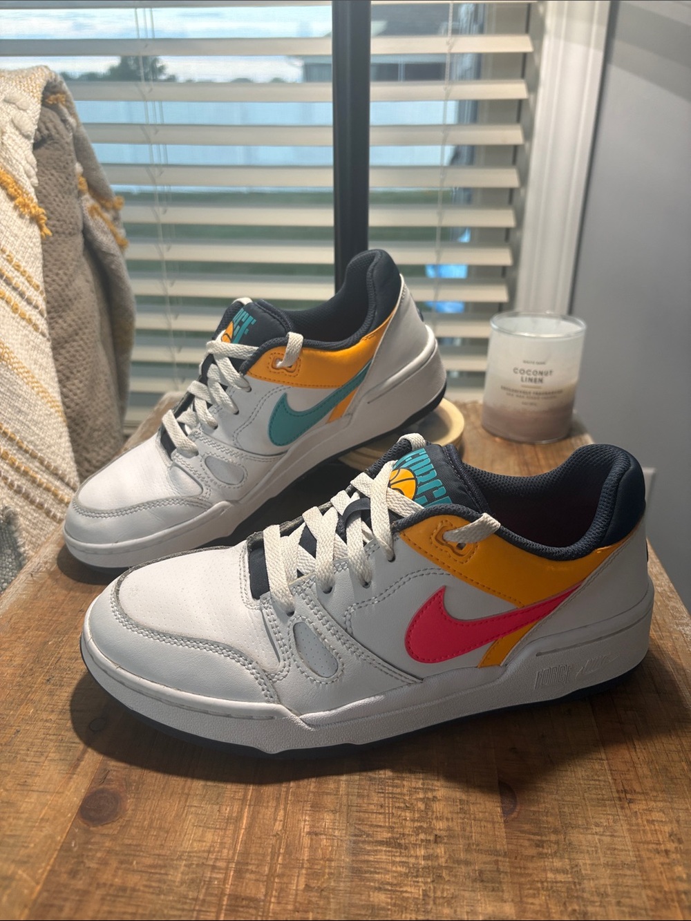 Nike Force Woman’s White Sneakers with Navy and Yellow Accents